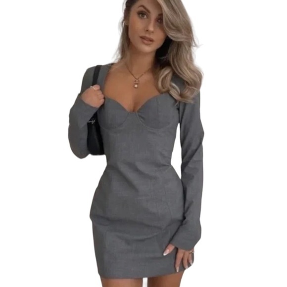 Zara Cupped Chest Padded Shoulder Long Sleeve Mini Dress in Grey - Picture 4 of 15